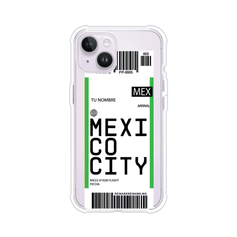 Funda personalizada estilo pase de abordar con diseño de Mexico y código MEX, personalizable con nombre y datos de vuelo; producto de Remark MX para iPhone