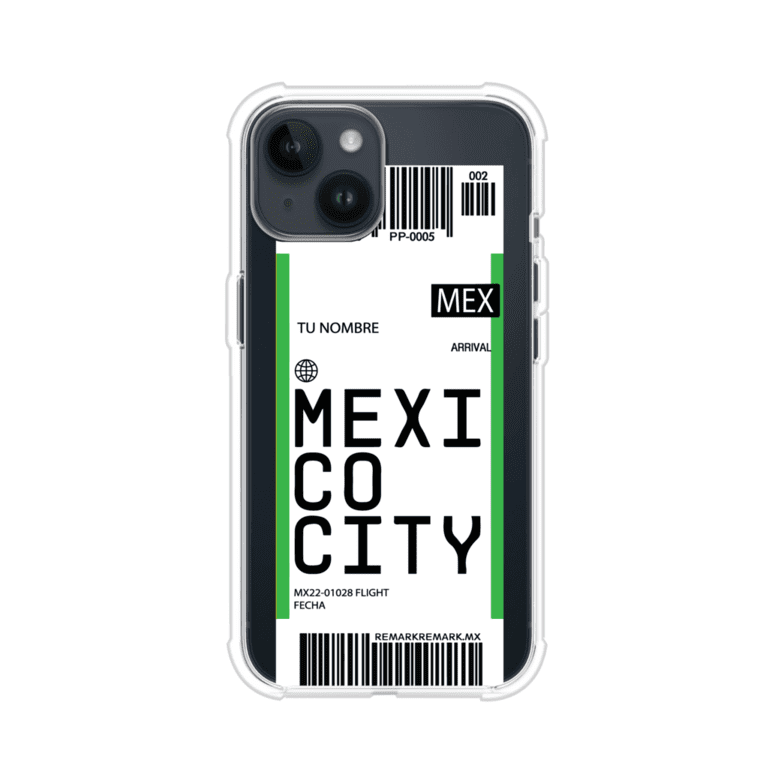 Funda personalizada estilo pase de abordar con diseño de Mexico y código MEX, personalizable con nombre y datos de vuelo; producto de Remark MX para iPhone