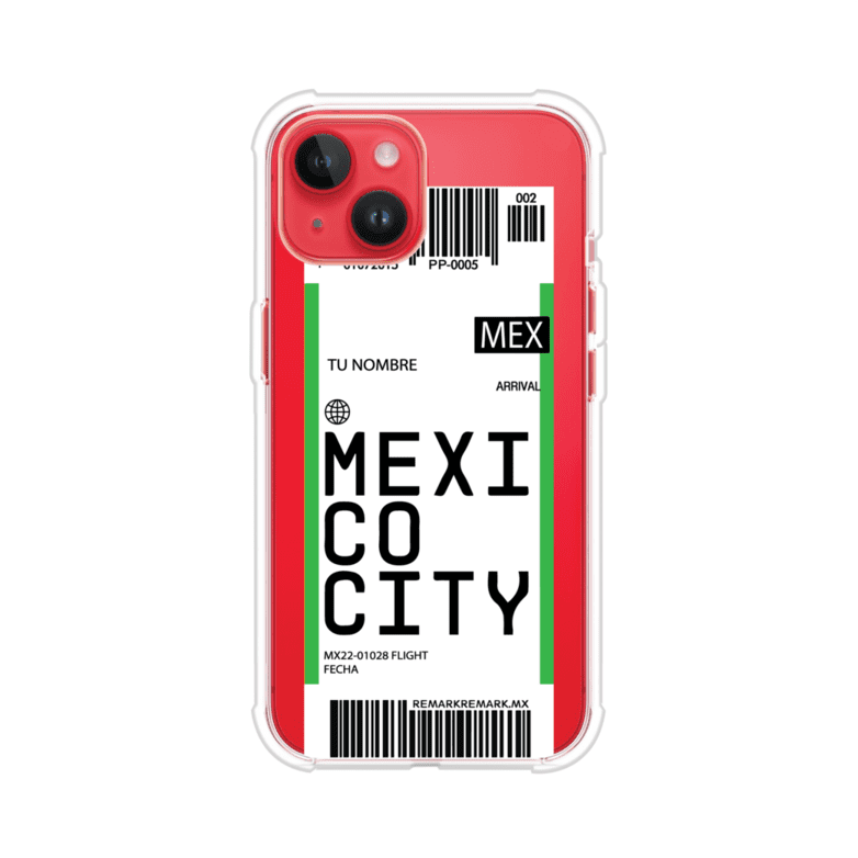 Funda personalizada estilo pase de abordar con diseño de Mexico y código MEX, personalizable con nombre y datos de vuelo; producto de Remark MX para iPhone