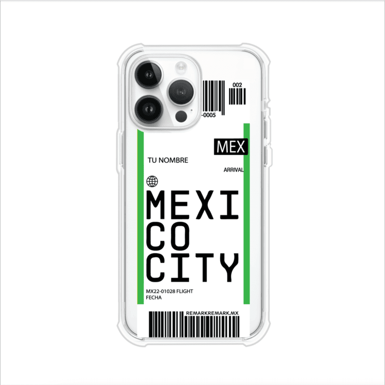 Funda personalizada estilo pase de abordar con diseño de Mexico y código MEX, personalizable con nombre y datos de vuelo; producto de Remark MX para iPhone
