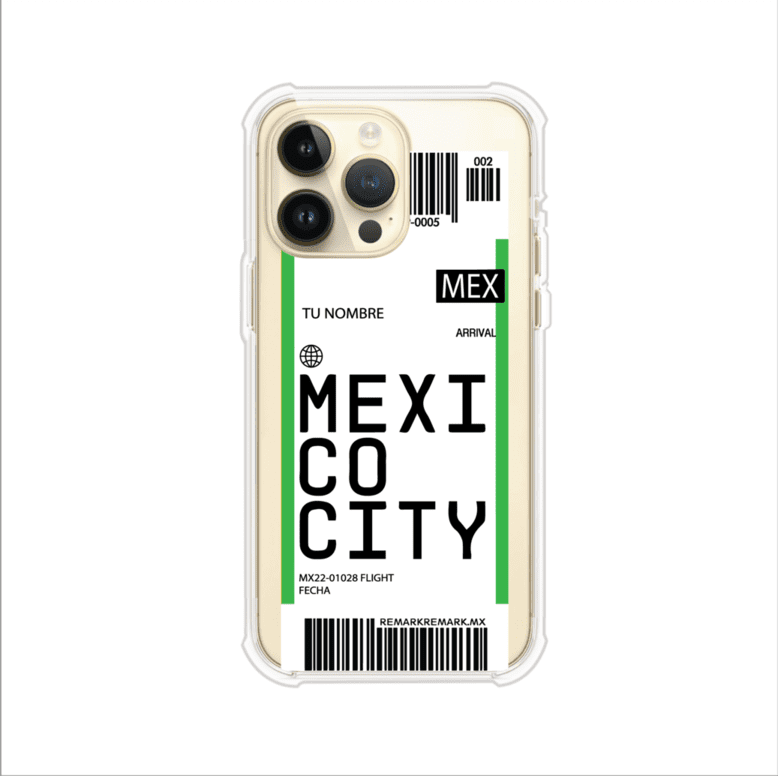 Funda personalizada estilo pase de abordar con diseño de Mexico y código MEX, personalizable con nombre y datos de vuelo; producto de Remark MX para iPhone