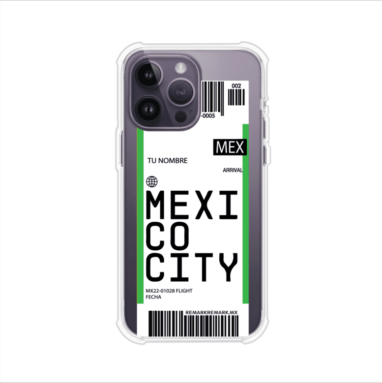 Funda personalizada estilo pase de abordar con diseño de Mexico y código MEX, personalizable con nombre y datos de vuelo; producto de Remark MX para iPhone