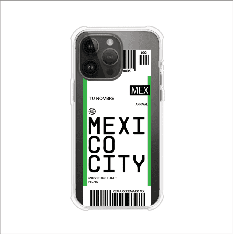 Funda personalizada estilo pase de abordar con diseño de Mexico y código MEX, personalizable con nombre y datos de vuelo; producto de Remark MX para iPhone