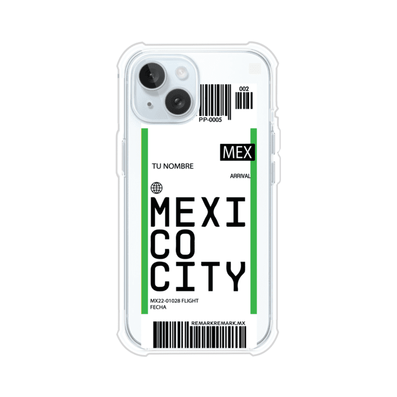 Funda personalizada estilo pase de abordar con diseño de Mexico y código MEX, personalizable con nombre y datos de vuelo; producto de Remark MX para iPhone