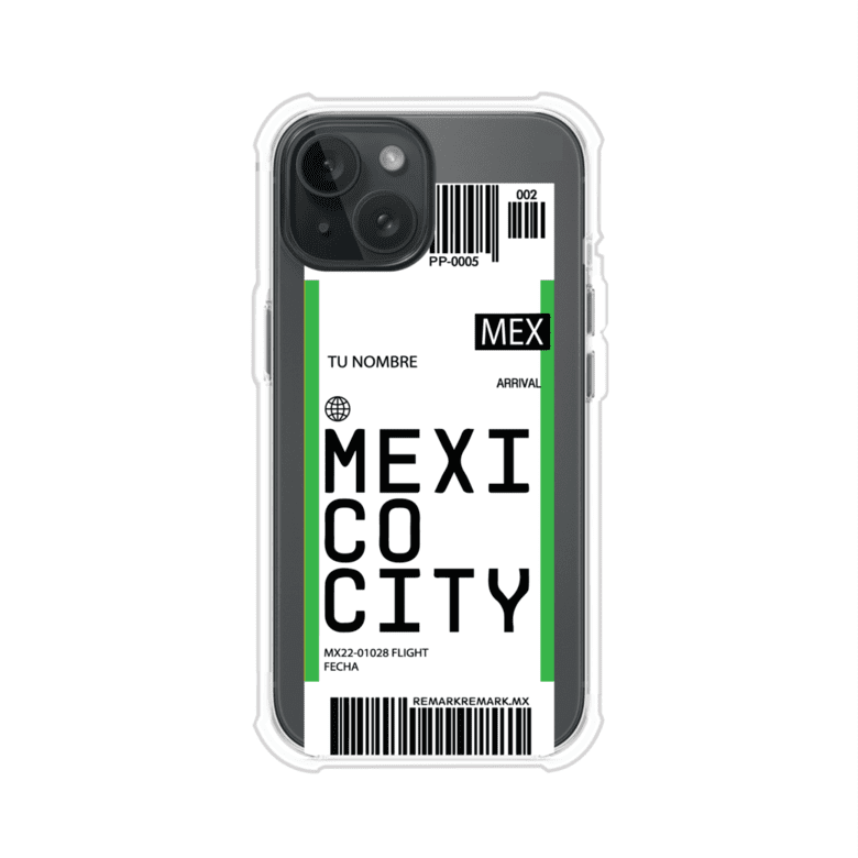 Funda personalizada estilo pase de abordar con diseño de Mexico y código MEX, personalizable con nombre y datos de vuelo; producto de Remark MX para iPhone