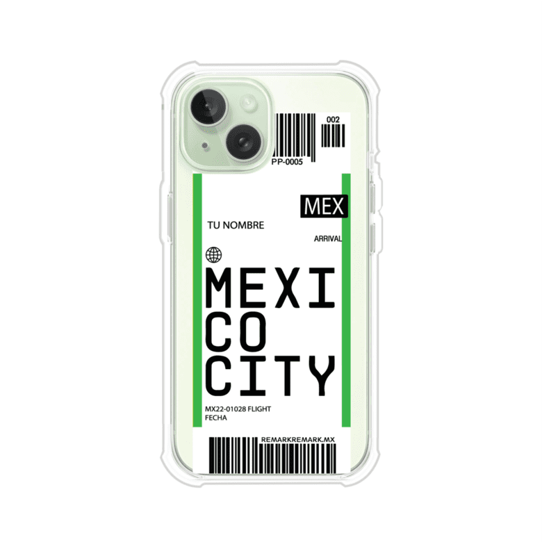 Funda personalizada estilo pase de abordar con diseño de Mexico y código MEX, personalizable con nombre y datos de vuelo; producto de Remark MX para iPhone