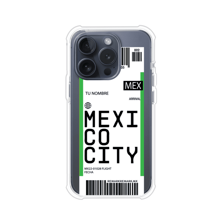 Funda personalizada estilo pase de abordar con diseño de Mexico y código MEX, personalizable con nombre y datos de vuelo; producto de Remark MX para iPhone