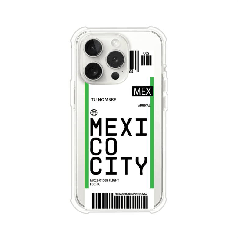 Funda personalizada estilo pase de abordar con diseño de Mexico y código MEX, personalizable con nombre y datos de vuelo; producto de Remark MX para iPhone