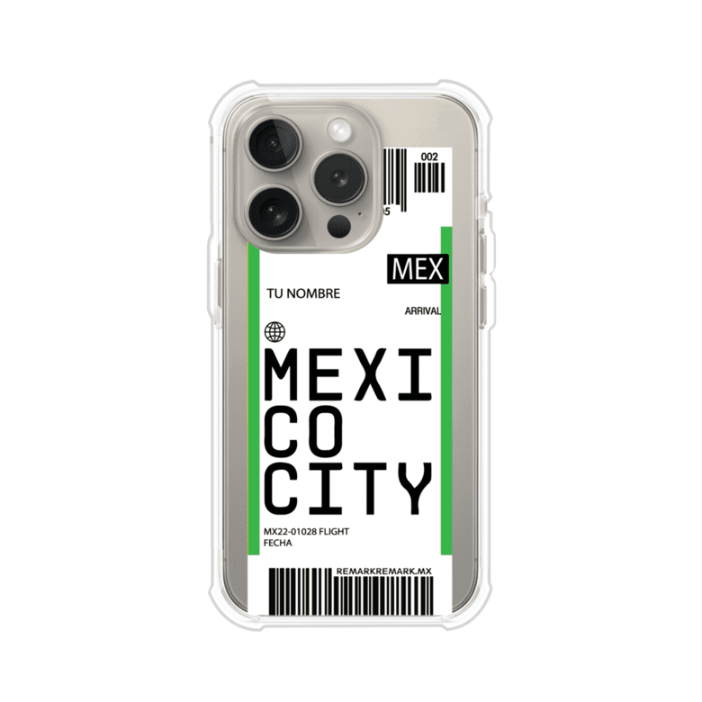 Funda personalizada estilo pase de abordar con diseño de Mexico y código MEX, personalizable con nombre y datos de vuelo; producto de Remark MX para iPhone