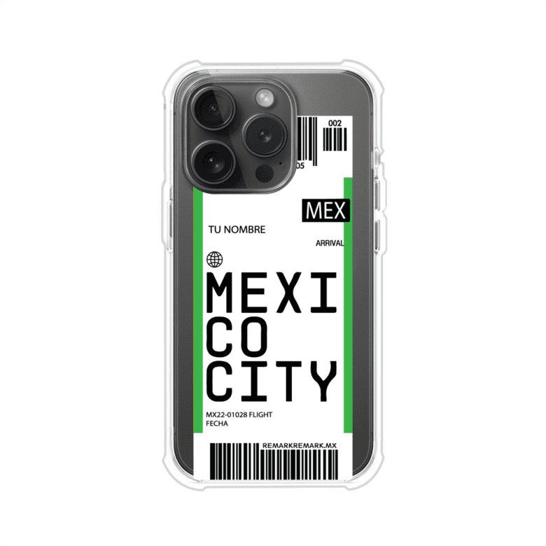 Funda personalizada estilo pase de abordar con diseño de Mexico y código MEX, personalizable con nombre y datos de vuelo; producto de Remark MX para iPhone