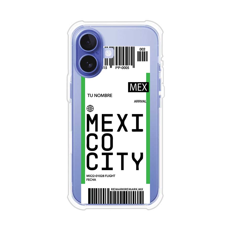 Funda personalizada estilo pase de abordar con diseño de Mexico y código MEX, personalizable con nombre y datos de vuelo; producto de Remark MX para iPhone