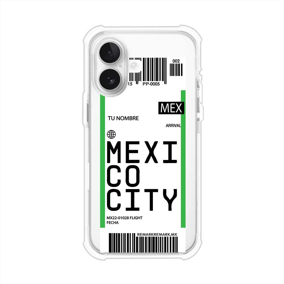 Funda personalizada estilo pase de abordar con diseño de Mexico y código MEX, personalizable con nombre y datos de vuelo; producto de Remark MX para iPhone