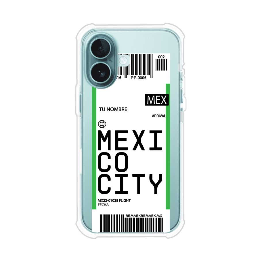 Funda personalizada estilo pase de abordar con diseño de Mexico y código MEX, personalizable con nombre y datos de vuelo; producto de Remark MX para iPhone