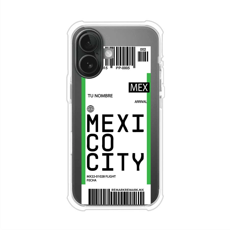 Funda personalizada estilo pase de abordar con diseño de Mexico y código MEX, personalizable con nombre y datos de vuelo; producto de Remark MX para iPhone