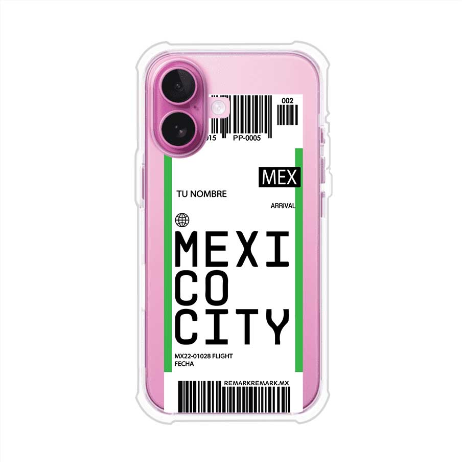 Funda personalizada estilo pase de abordar con diseño de Mexico y código MEX, personalizable con nombre y datos de vuelo; producto de Remark MX para iPhone