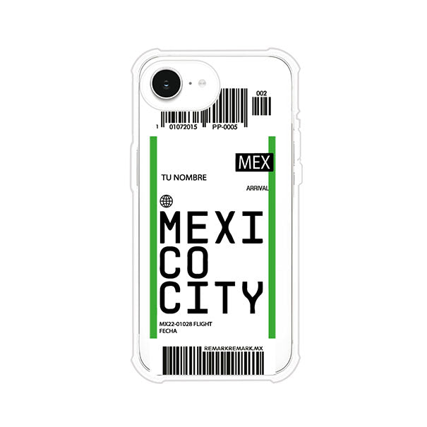 Funda personalizada estilo pase de abordar con diseño de Mexico y código MEX, personalizable con nombre y datos de vuelo; producto de Remark MX para iPhone