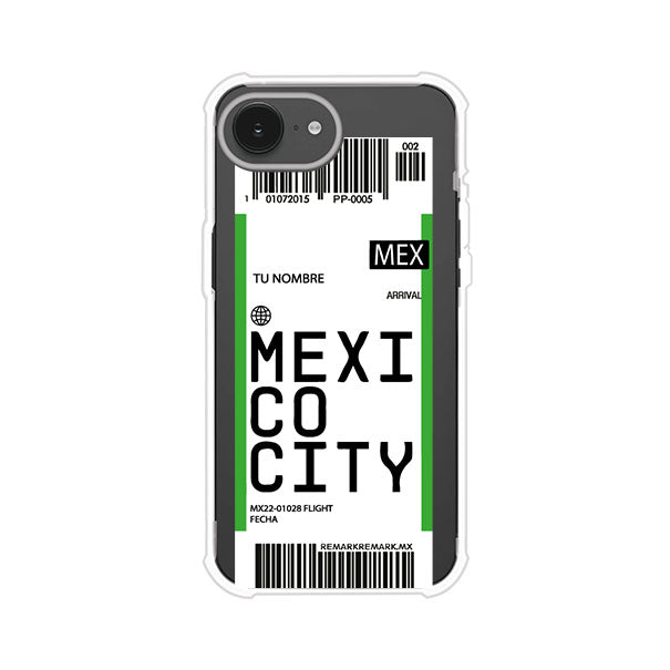 Funda personalizada estilo pase de abordar con diseño de Mexico y código MEX, personalizable con nombre y datos de vuelo; producto de Remark MX para iPhone