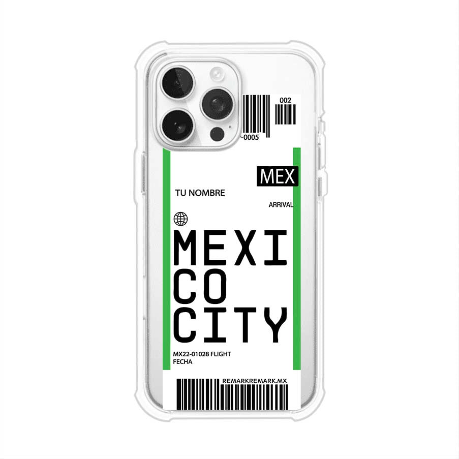Funda personalizada estilo pase de abordar con diseño de Mexico y código MEX, personalizable con nombre y datos de vuelo; producto de Remark MX para iPhone