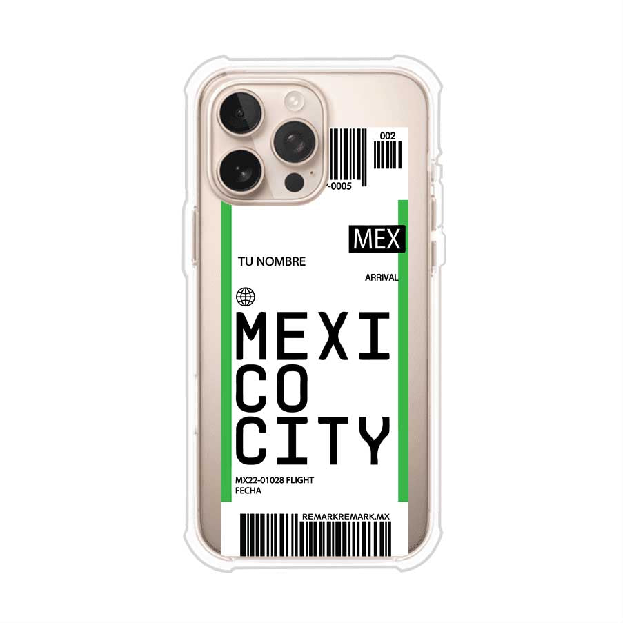 Funda personalizada estilo pase de abordar con diseño de Mexico y código MEX, personalizable con nombre y datos de vuelo; producto de Remark MX para iPhone
