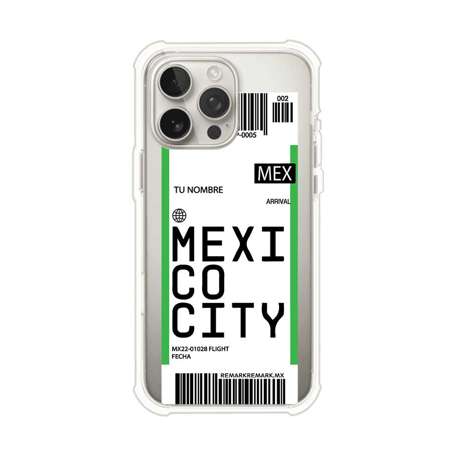 Funda personalizada estilo pase de abordar con diseño de Mexico y código MEX, personalizable con nombre y datos de vuelo; producto de Remark MX para iPhone