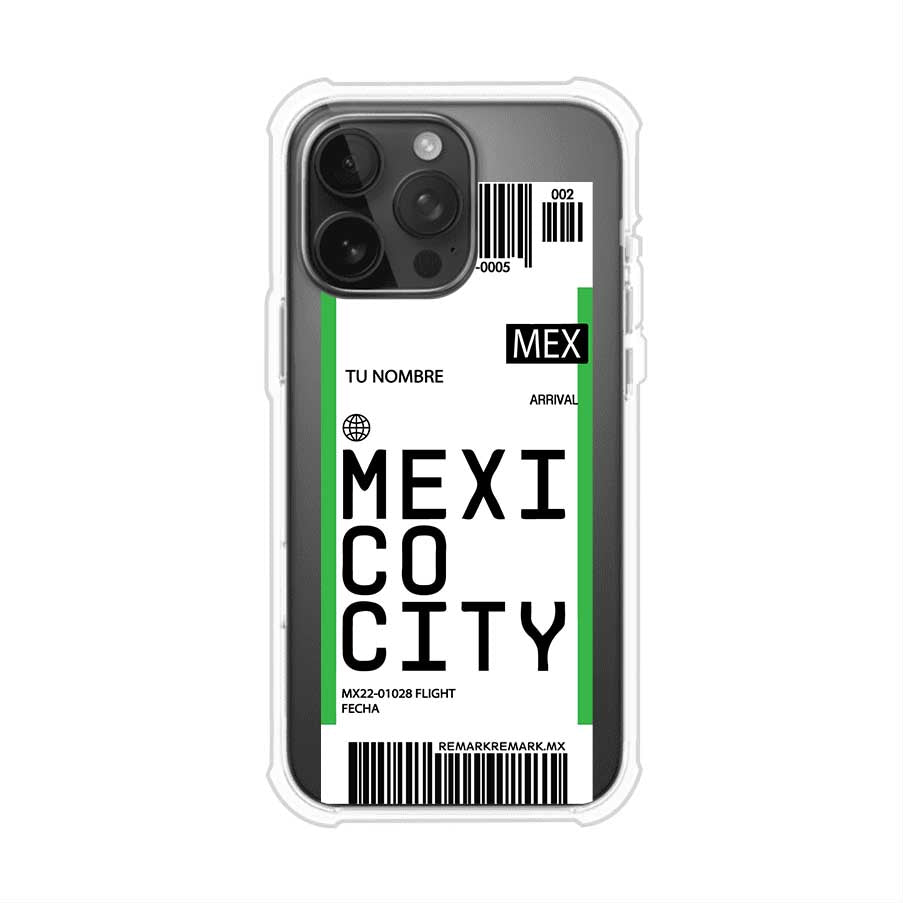 Funda personalizada estilo pase de abordar con diseño de Mexico y código MEX, personalizable con nombre y datos de vuelo; producto de Remark MX para iPhone