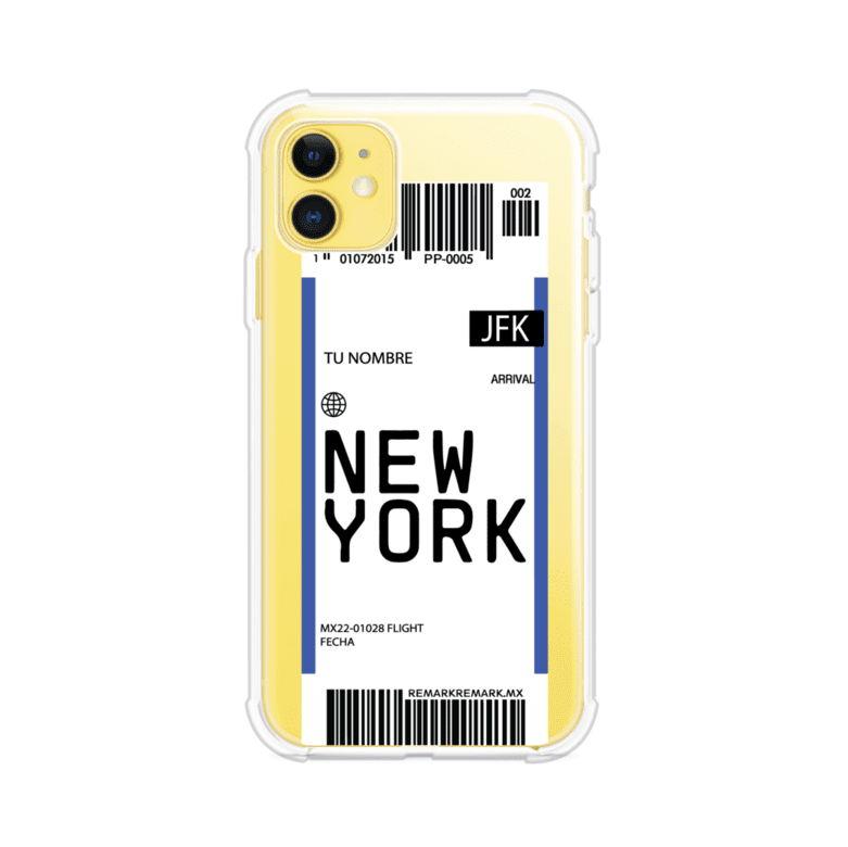 Funda personalizada estilo pase de abordar con diseño de Nueva York y código JFK, personalizable con nombre y datos de vuelo; producto de Remark MX para iPhone