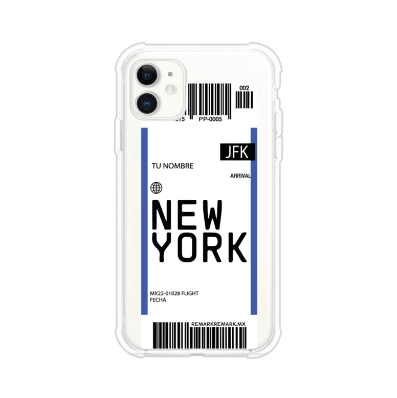 Funda personalizada estilo pase de abordar con diseño de Nueva York y código JFK, personalizable con nombre y datos de vuelo; producto de Remark MX para iPhone