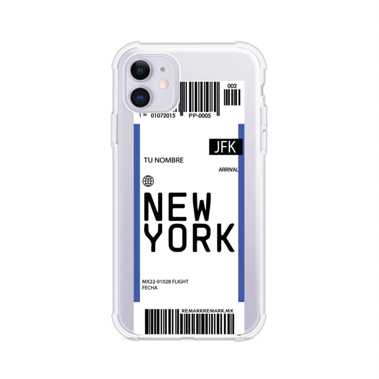 Funda personalizada estilo pase de abordar con diseño de Nueva York y código JFK, personalizable con nombre y datos de vuelo; producto de Remark MX para iPhone