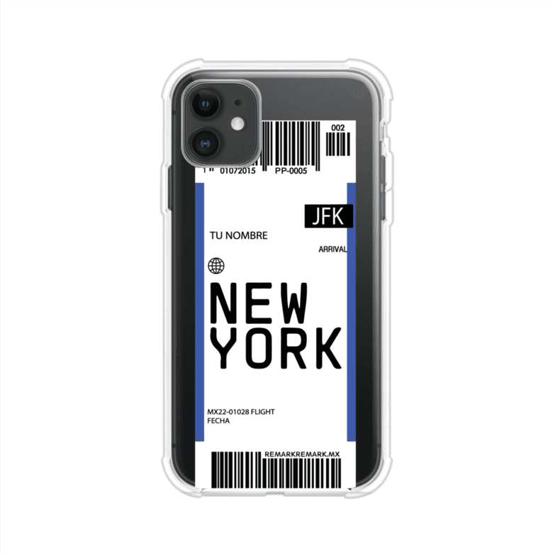 Funda personalizada estilo pase de abordar con diseño de Nueva York y código JFK, personalizable con nombre y datos de vuelo; producto de Remark MX para iPhone