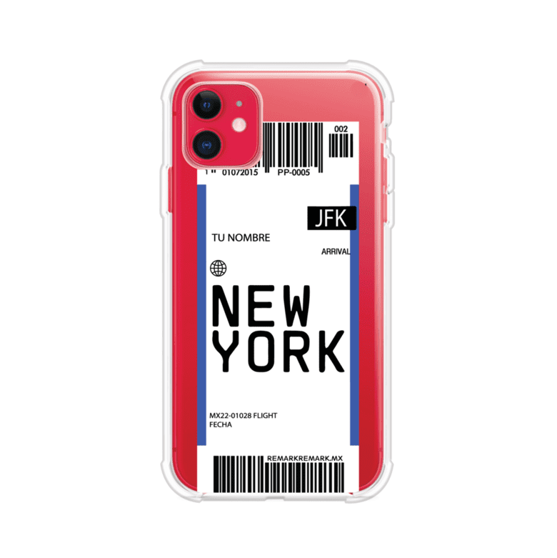 Funda personalizada estilo pase de abordar con diseño de Nueva York y código JFK, personalizable con nombre y datos de vuelo; producto de Remark MX para iPhone