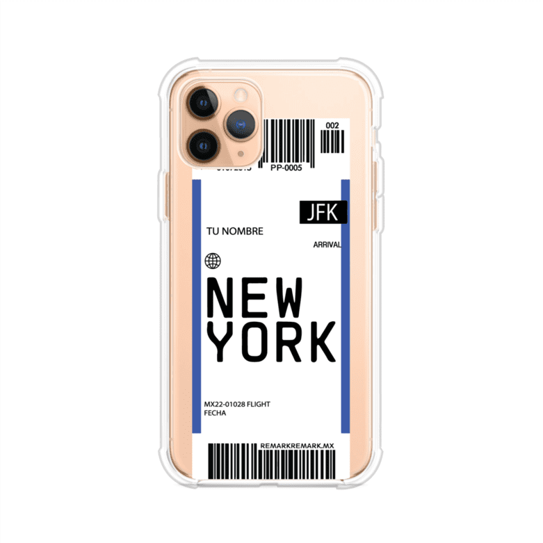 Funda personalizada estilo pase de abordar con diseño de Nueva York y código JFK, personalizable con nombre y datos de vuelo; producto de Remark MX para iPhone