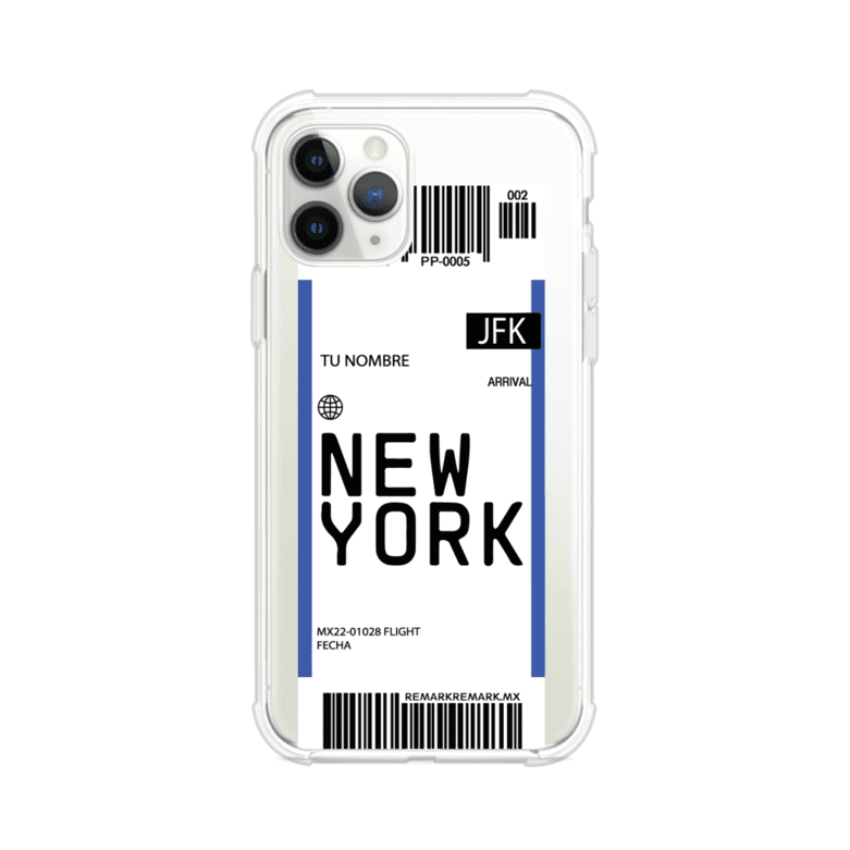 Funda personalizada estilo pase de abordar con diseño de Nueva York y código JFK, personalizable con nombre y datos de vuelo; producto de Remark MX para iPhone
