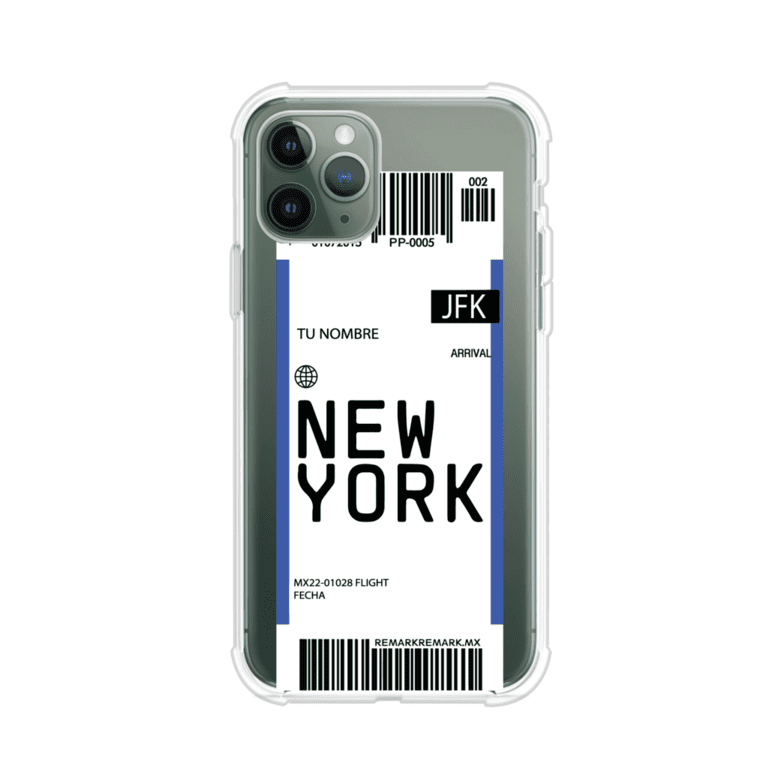 Funda personalizada estilo pase de abordar con diseño de Nueva York y código JFK, personalizable con nombre y datos de vuelo; producto de Remark MX para iPhone