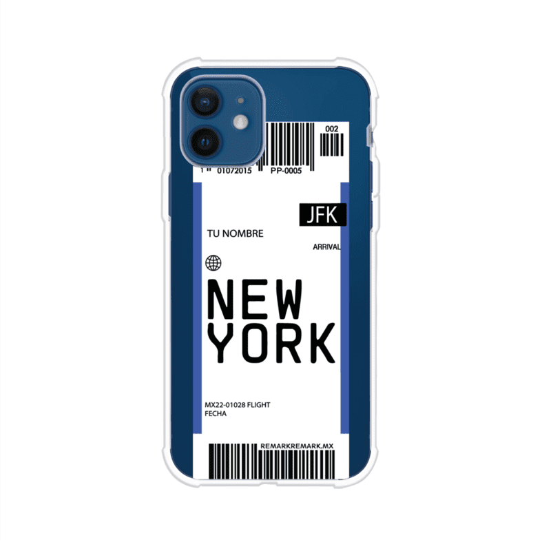Funda personalizada estilo pase de abordar con diseño de Nueva York y código JFK, personalizable con nombre y datos de vuelo; producto de Remark MX para iPhone