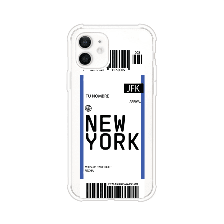 Funda personalizada estilo pase de abordar con diseño de Nueva York y código JFK, personalizable con nombre y datos de vuelo; producto de Remark MX para iPhone