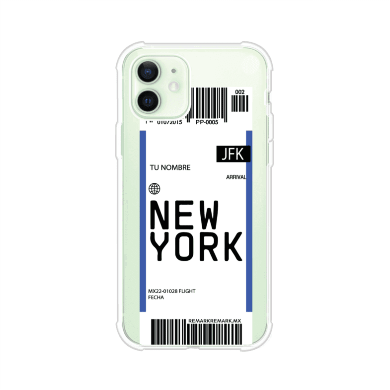 Funda personalizada estilo pase de abordar con diseño de Nueva York y código JFK, personalizable con nombre y datos de vuelo; producto de Remark MX para iPhone
