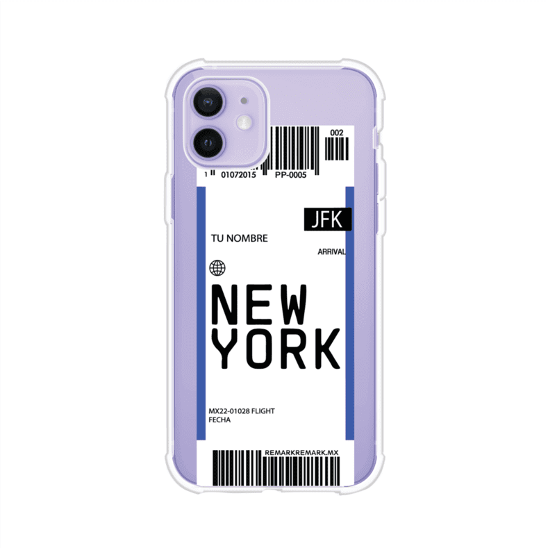 Funda personalizada estilo pase de abordar con diseño de Nueva York y código JFK, personalizable con nombre y datos de vuelo; producto de Remark MX para iPhone
