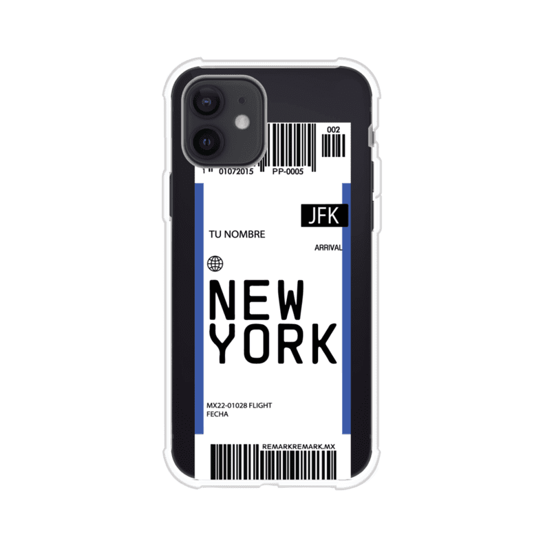 Funda personalizada estilo pase de abordar con diseño de Nueva York y código JFK, personalizable con nombre y datos de vuelo; producto de Remark MX para iPhone