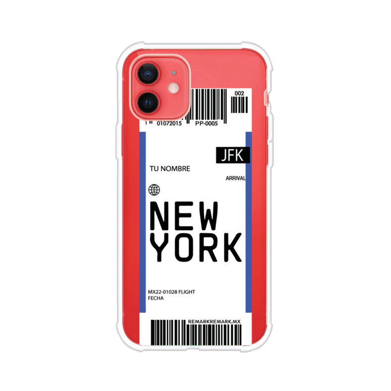 Funda personalizada estilo pase de abordar con diseño de Nueva York y código JFK, personalizable con nombre y datos de vuelo; producto de Remark MX para iPhone
