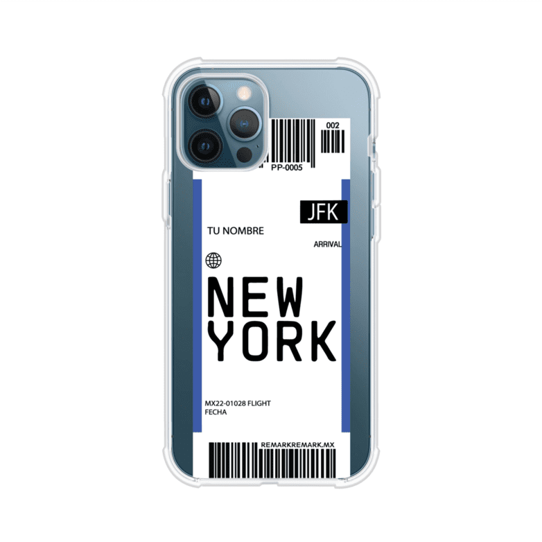 Funda personalizada estilo pase de abordar con diseño de Nueva York y código JFK, personalizable con nombre y datos de vuelo; producto de Remark MX para iPhone
