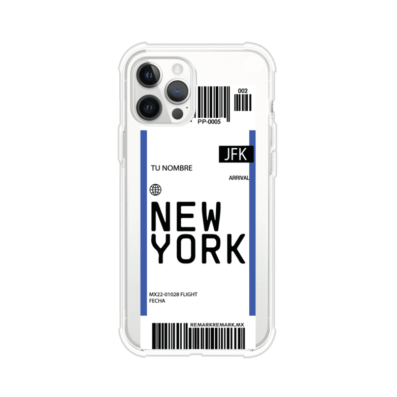 Funda personalizada estilo pase de abordar con diseño de Nueva York y código JFK, personalizable con nombre y datos de vuelo; producto de Remark MX para iPhone