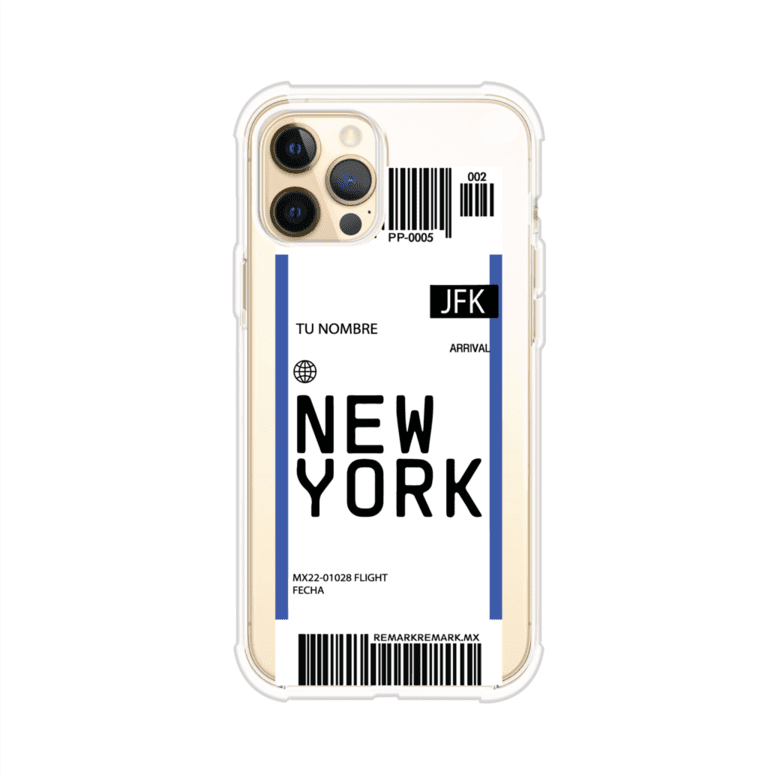 Funda personalizada estilo pase de abordar con diseño de Nueva York y código JFK, personalizable con nombre y datos de vuelo; producto de Remark MX para iPhone