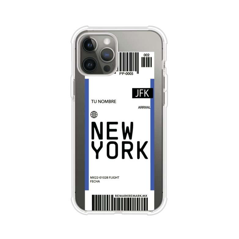 Funda personalizada estilo pase de abordar con diseño de Nueva York y código JFK, personalizable con nombre y datos de vuelo; producto de Remark MX para iPhone