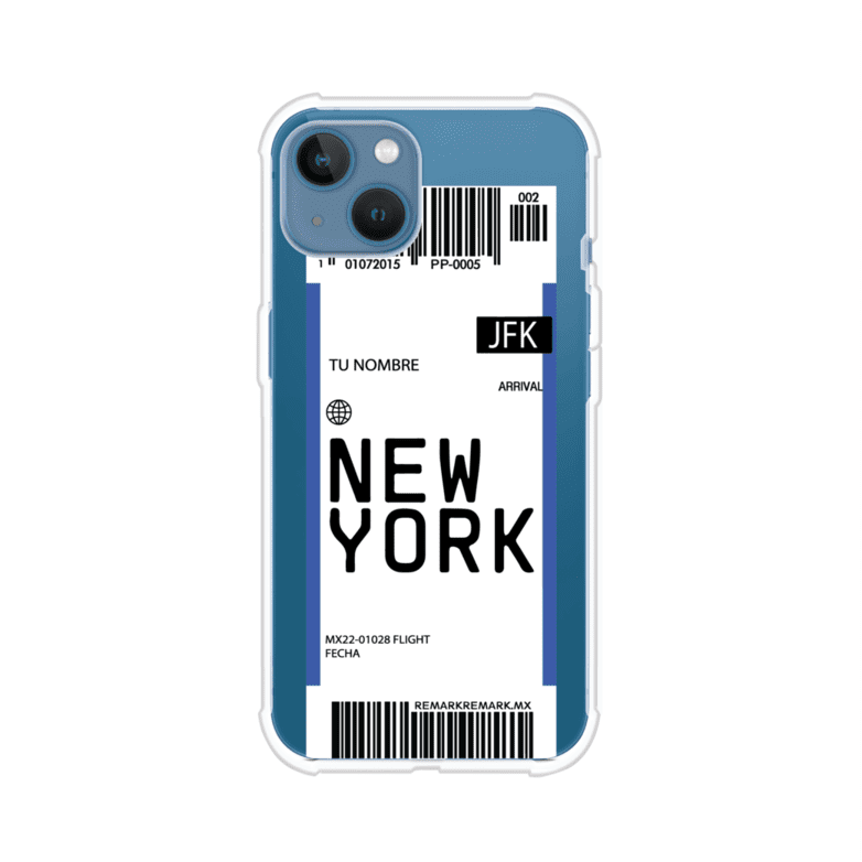Funda personalizada estilo pase de abordar con diseño de Nueva York y código JFK, personalizable con nombre y datos de vuelo; producto de Remark MX para iPhone