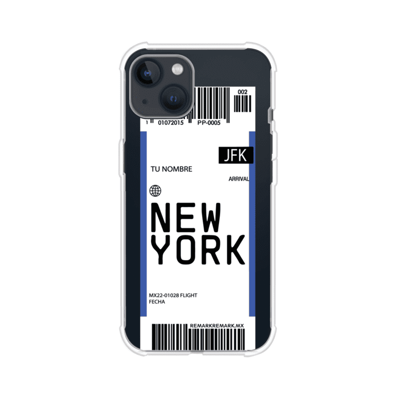 Funda personalizada estilo pase de abordar con diseño de Nueva York y código JFK, personalizable con nombre y datos de vuelo; producto de Remark MX para iPhone