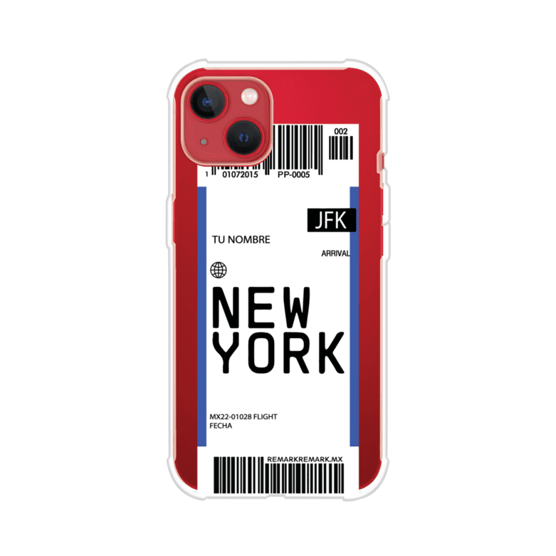 Funda personalizada estilo pase de abordar con diseño de Nueva York y código JFK, personalizable con nombre y datos de vuelo; producto de Remark MX para iPhone