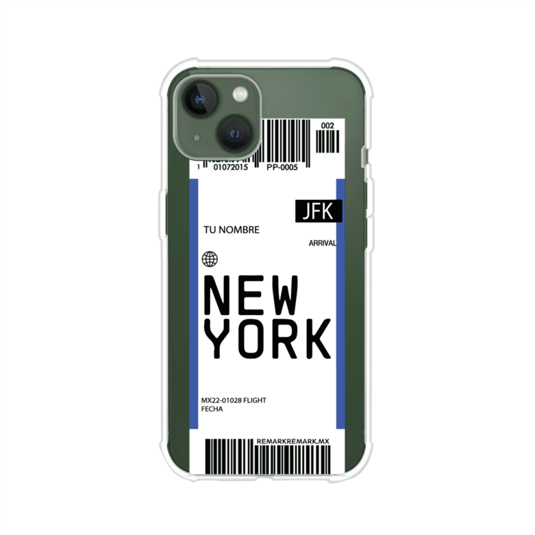 Funda personalizada estilo pase de abordar con diseño de Nueva York y código JFK, personalizable con nombre y datos de vuelo; producto de Remark MX para iPhone