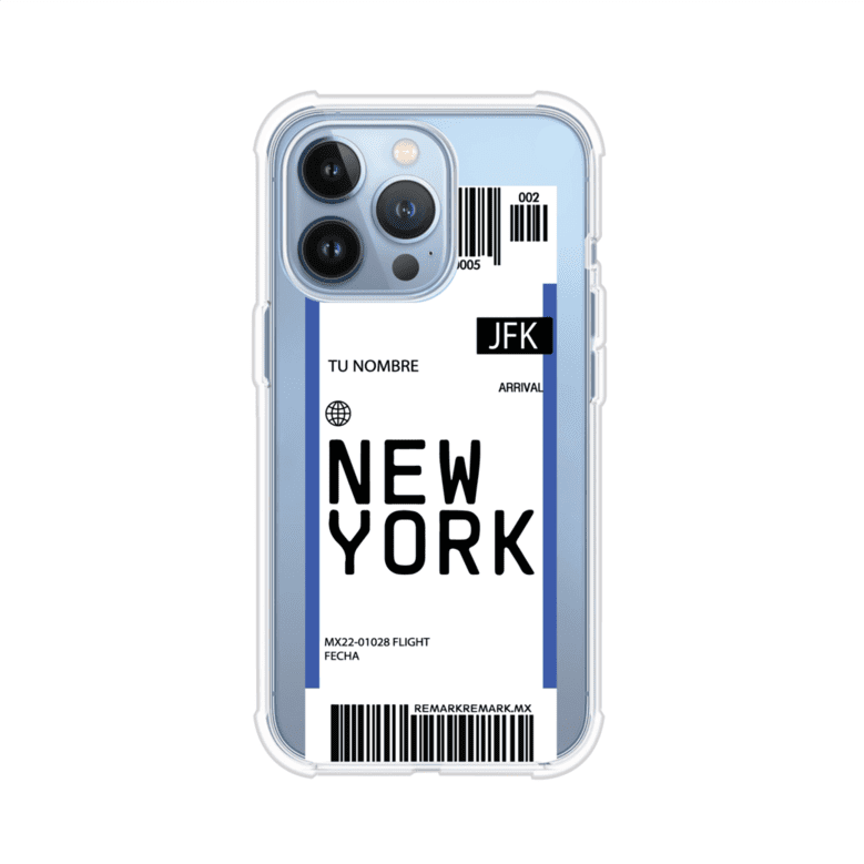 Funda personalizada estilo pase de abordar con diseño de Nueva York y código JFK, personalizable con nombre y datos de vuelo; producto de Remark MX para iPhone