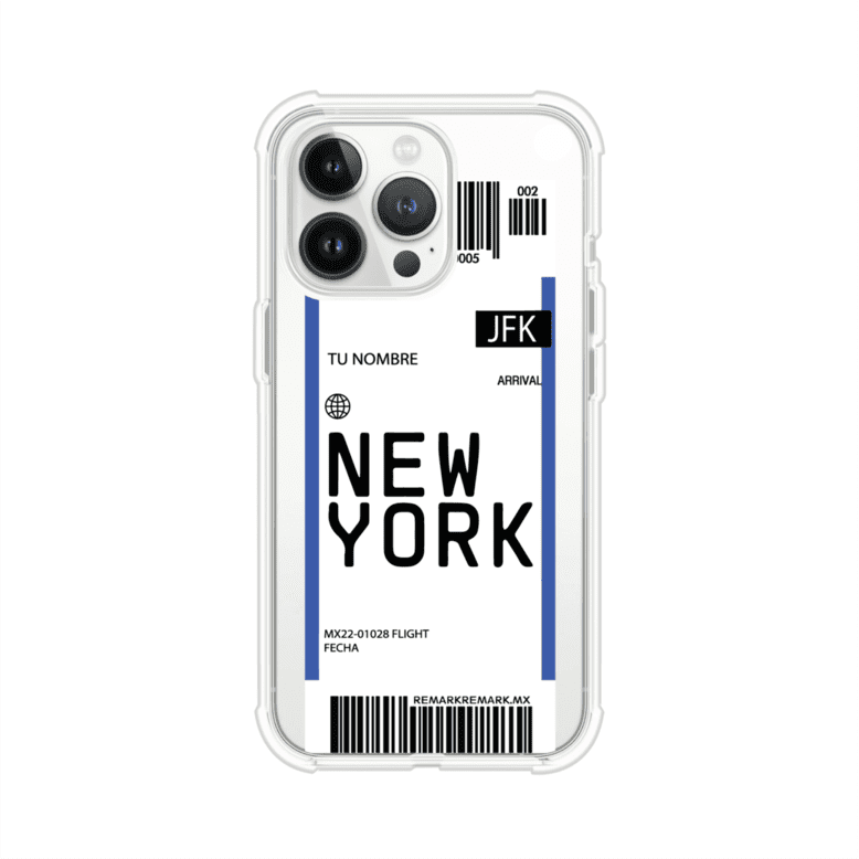 Funda personalizada estilo pase de abordar con diseño de Nueva York y código JFK, personalizable con nombre y datos de vuelo; producto de Remark MX para iPhone