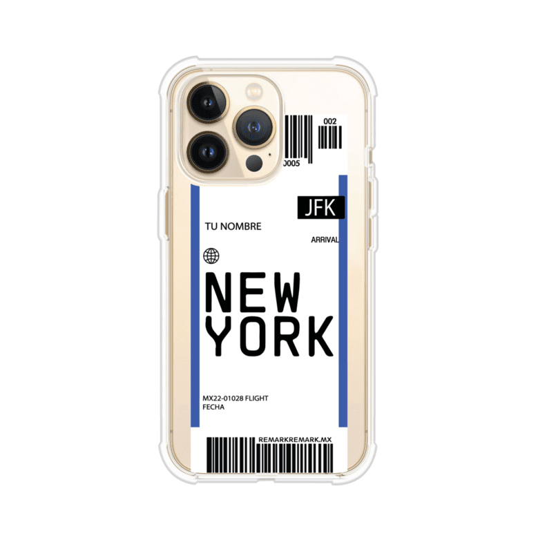 Funda personalizada estilo pase de abordar con diseño de Nueva York y código JFK, personalizable con nombre y datos de vuelo; producto de Remark MX para iPhone